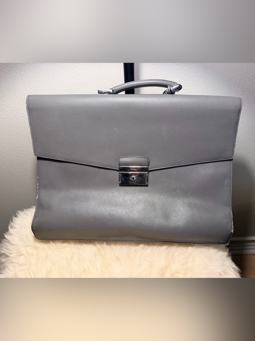 Large Gray Prada Leather Briefcase